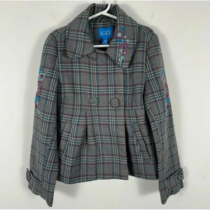 The Children’s Place Plaid Wool Blend Floral Embroidered Peplum Coat M 7/8